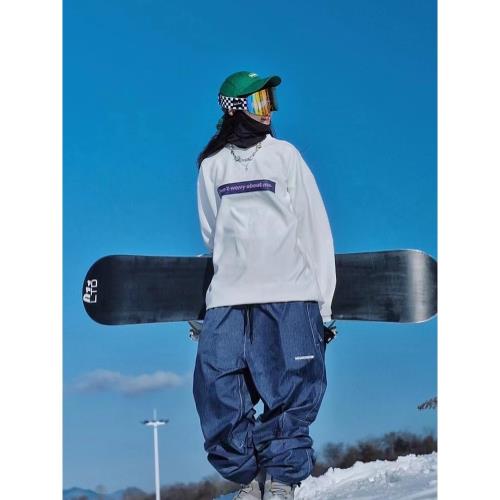 Molocoster西猿滑全壓膠防水透濕仿牛仔潮牌戶外滑雪褲寬松保暖