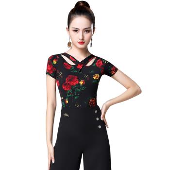 丹寶羅拉丁舞服女摩登舞國標舞上衣新款女成人練功服廣場舞短袖夏