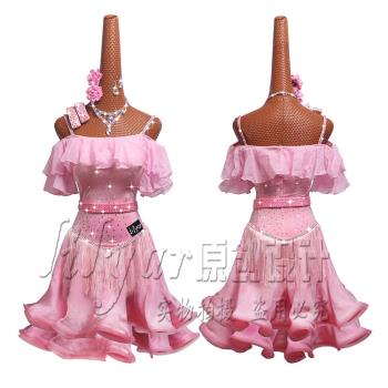 拉丁舞比賽服少兒兒童演出服表演服藝考舞裙露肩粉色魚骨卷邊裙