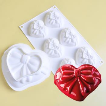 6連蝴蝶結愛心慕斯硅膠模具 情人節心形法式甜品烘焙模