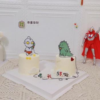 小紅書手繪卡通奧特曼小怪獸恐龍打電話生日蛋糕巧克力轉印紙裝飾