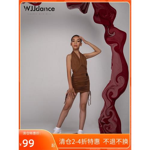 WJJdance拉丁舞連衣裙女兒童2025新款掛脖露背抽繩國標練功服套裝