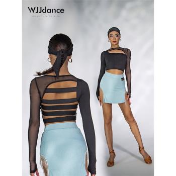 WJJdance拉丁舞短款上衣女2023新款后背橡筋帶鏤空國標練功服舞衣