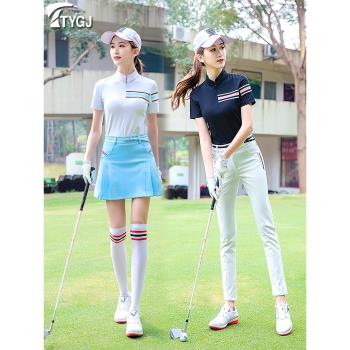 高爾夫球服裝女士短袖T恤衫立領速干彈力修身休閑撞色運動上衣服