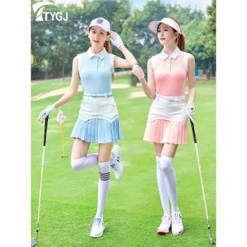 高爾夫球女士短無袖背心T恤彈力速干POLO翻領運動粉藍色上衣服裝