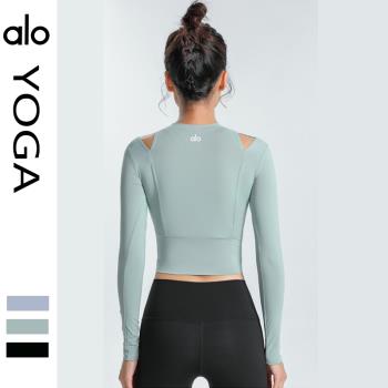 alo yoga上衣女春秋短款露肩運動緊身衣顯瘦外穿露臍瑜伽健身長袖