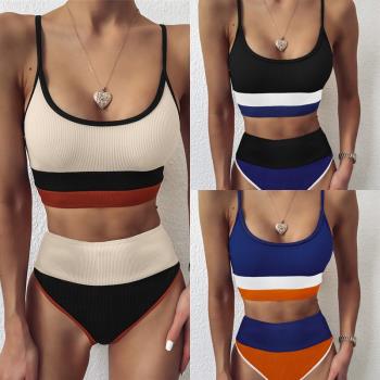 2020歐美女分體泳衣坑條布拼接性感中腰女士沙灘度假背心bikini