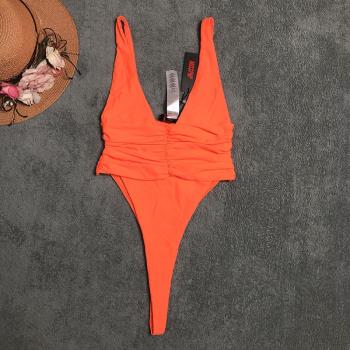 夏季新款超辣深V連體泳衣丁字褲純色比基尼海邊度假游泳裝外貿