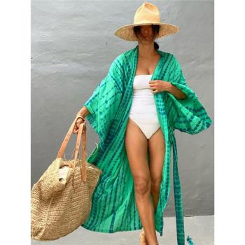 泳衣遮擋歐美人棉印花沙灘罩衫外套性感寬松開衫度假裙比基尼罩衫