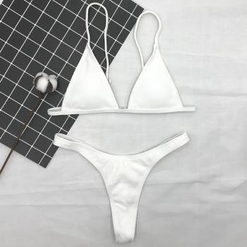 黑白純色歐美性感比基尼泳裝針織吊帶三點式丁字褲聚攏分體bikini