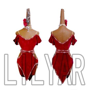 新款薩爾薩舞裙SALSA拉丁舞比賽服成人表演服演出服流蘇款酒紅色