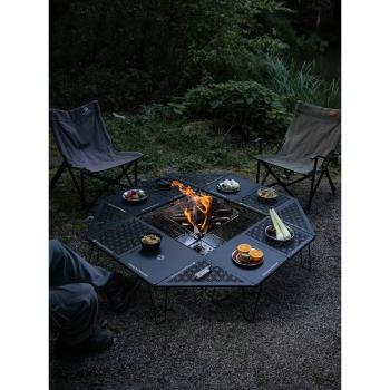 柯曼戶外家庭露營簡易折疊野餐桌子多層鐵藝置物架竹木板燒烤桌