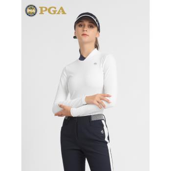 美國PGA 高爾夫女裝春夏長袖T恤女士服裝運動球服高彈拼色立領