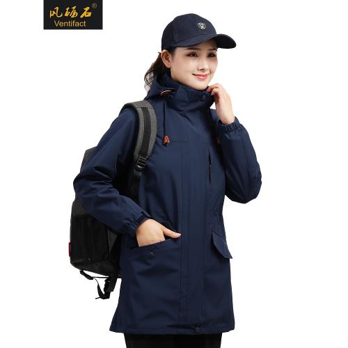 中長款沖鋒風衣女三合一可拆卸戶外冬季防風防水加絨加厚登山服男