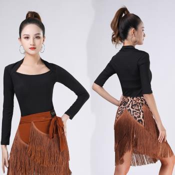 拉丁舞服裝女現代國標摩登形體練功服訓練服跳舞背肩式中長袖上衣