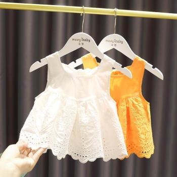 女寶寶洋氣娃娃裙衫2023女嬰兒童夏裝新款女童提花背心吊帶上衣