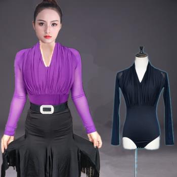 新款拉丁舞服練功服女訓練服摩登舞上衣連體服舞蹈練習服裝長袖