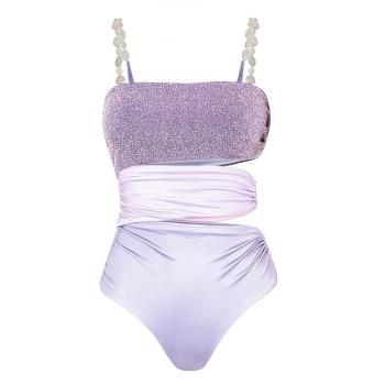柔焦拼色氛圍感度假連體泳衣珍珠肩帶高貨比基尼·霧霾紫S