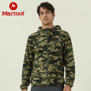 Marmot/土撥鼠2021新款戶外保暖透氣彈力開衫連帽迷彩男抓絨衣