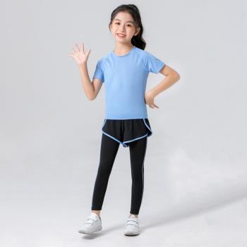 女童藍色運動套裝夏季速干透氣短袖長褲瑜伽跑步跳繩兒童羽毛球服