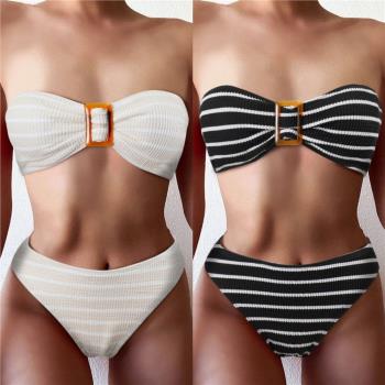 2023新款泳衣跨境亞馬遜歐美性感抹胸特殊面料分體比基尼女泳裝
