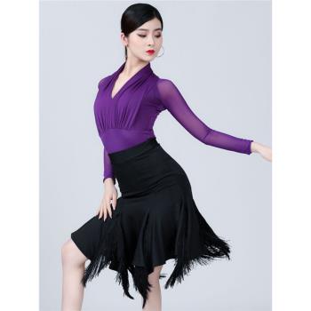 拉丁舞裙流蘇套裝女成春夏恰恰倫巴練功服網紅摩登舞網紗上衣長袖