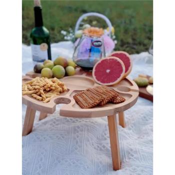 戶外野餐桌便攜紅酒杯酒架折疊木質圓形水果茶幾托盤露營裝備用品