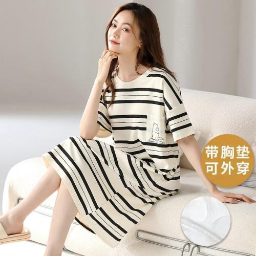 帶胸墊睡裙女夏季款一體式防凸點短袖夏天長裙可愛睡衣家居服網紅