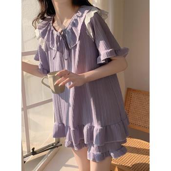 夏天季睡衣女短袖純棉甜美新款宮廷風花邊套頭紫色兩件套裝家居服