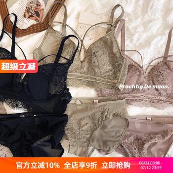 性感法式水晶杯兔耳朵薄大胸顯小文胸罩收副乳聚攏內衣套裝無鋼圈