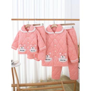 睡衣冬季母女士加厚三層夾棉親子小女孩兒童珊瑚法蘭絨家居服套裝
