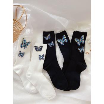 重工奢華蝴蝶純棉堆堆襪珍珠鉆石刺繡手工韓國網紅中筒短靴襪潮女