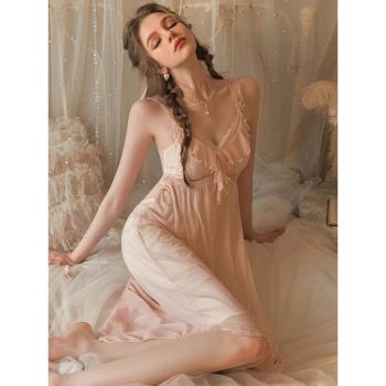 澄澈性感睡衣夏季女款2024新款純欲風小胸帶胸墊蕾絲吊帶睡裙套裝