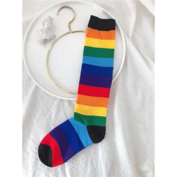 部分外貿訂單 豹紋彩色涂鴉彩虹條紋高筒長筒襪子女小腿襪女襪