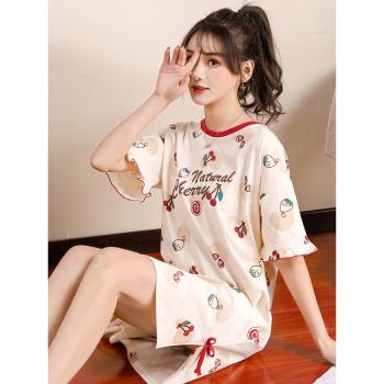 睡裙女純棉夏季落肩短袖甜美可愛印花櫻桃可外穿家居服薄款睡衣夏