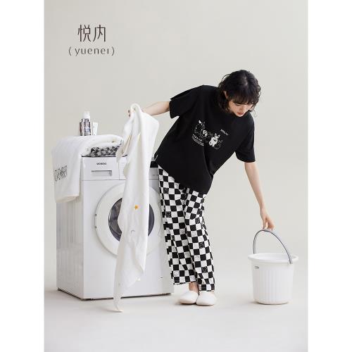 悅內女士睡衣純棉短袖長褲夏季夏款家居服休閑可外穿帶胸墊套裝