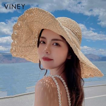 Viney防曬帽子女2023新款防紫外線草帽遮臉太陽帽沙灘帽夏季遮陽