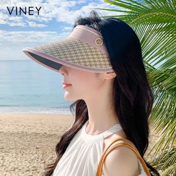 Viney防曬帽子女2023新款遮陽大帽檐防紫外線夏季草編空頂太陽帽