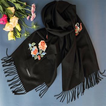 優質日式櫻花披肩刺繡黑色大圍巾
