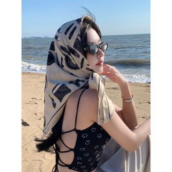 網紅法式復古小方巾女百搭夏季防曬絲巾ins海邊沙灘長條披肩頭巾
