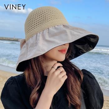 Viney防曬帽子女2023新款時尚夏季遮陽帽防紫外線空頂大檐太陽帽