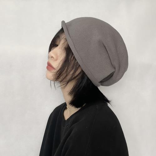 寬松顯臉小~韓版時尚卷邊純色堆堆帽子女網紅百搭薄款針織包頭帽