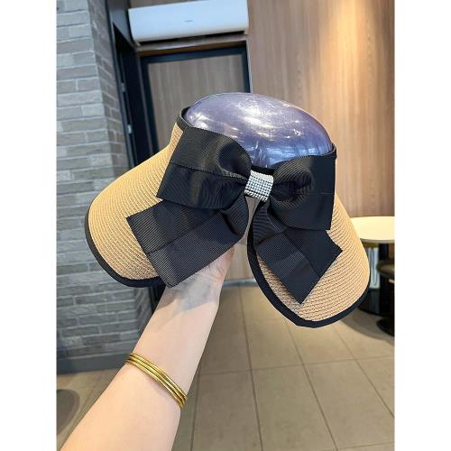 草編帽子女水鉆蝴蝶結空頂帽夏大檐遮陽帽可卷桶防曬帽戶外太陽帽