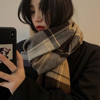 女秋冬季韓版日系卡其色格紋圍巾