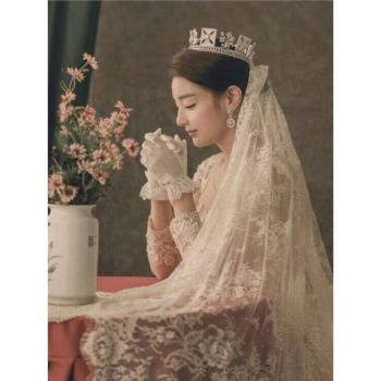 拖尾法式復古蕾絲花邊婚紗頭飾