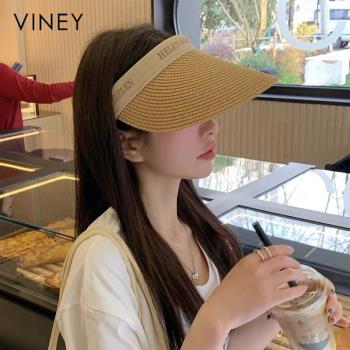 Viney防曬帽子女2024新款夏季防紫外線鴨舌遮陽帽草編空頂太陽帽