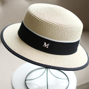 平頂白色草帽帽子女夏天涼帽小禮帽遮陽太陽帽網紅時尚夏季潮防曬