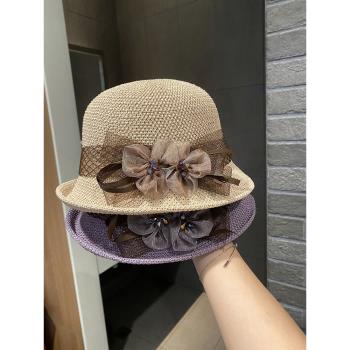 時尚英倫花朵禮帽女夏季遮陽防曬帽子法式卷邊太陽帽戶外網紗盆帽