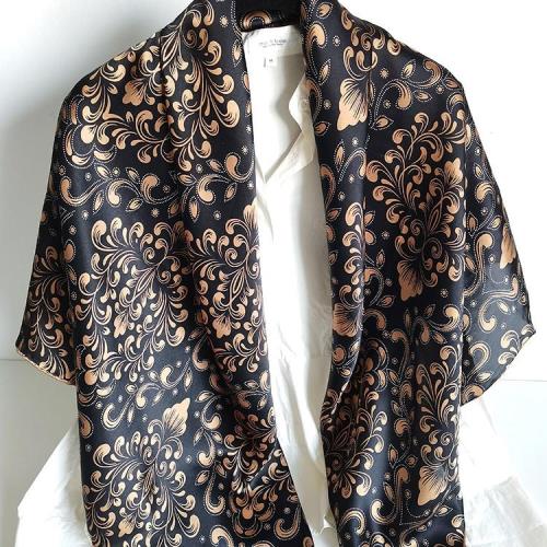 黑金繁花真絲絲巾100%桑蠶絲圍巾時尚百搭大方巾披肩杭州絲綢送禮