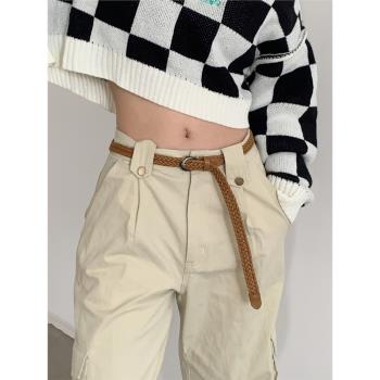 韓國ins風皮帶女學生夏季棕色復古百搭配牛仔褲西裝褲帆布腰帶細